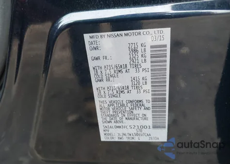 2015 Infiniti Qx60 z USA, uszkodzony, nr VIN 5N1AL0MM3FC521001